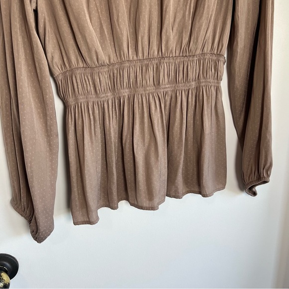 Pleione Taupe Front Twist Satin Blouse Long Sleeve Swiss Dot, Size Medium - Picture 11 of 11